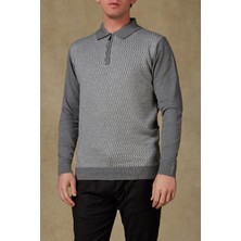 Abbate Claro Örme Kumaş Kaşmir Karışımlı Modern Fit Gri Polo Yaka Erkek Desenli Triko