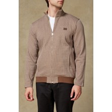 Abbate Edon Örme Kumaş Pamuklu Modern Fit Kahverengi Dik Yaka Erkek Çizgili Sweatshirt