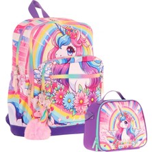 Kaukko Unicorn Baskılı Kız Çocuk Okul Çantası ve Thermo Beslenme Çantası Seti - Pembe Mor (L5249+L7249)