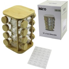 MiraLive 16PCS Kare - Döner Standlı Cam - Bambu Kapak Tuzluk - Baharatlık Bambu Stand (4887)