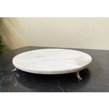 Miarik Design Dekoratıf Beyaz Mermer Yuvarlak Sunum Tabağı Tepsisi Gümüş Şık Ayaklı
