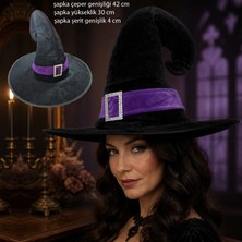 Pandoli Halloween Siyah Renk Kadife Cadı Şapkası Yetişkin Mor Şeritli 1 Adet