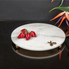 Miarik Design Dekoratıf Beyaz Mermer Yuvarlak Sunum Tabağı Tepsisi Aksesuarlı ve Top Ayaklı