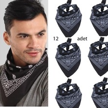 Pandoli Kovboy Gösteri Retro Bez Kumaş Siyah Renk Beyaz Desen Bandana Fular 55X55 cm 12 Adet
