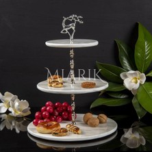 Miarik Design Doğal Mermer Uçan Geyik Gümüş Pirinç Çubuklu Servis Sunum Tabağı , Kek Pasta Standı