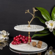 Miarik Design Dekoratif 2 Katlı Sunumluk Doğal Beyaz Mermer Kurabiyelik & Pastalık