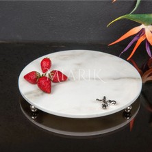 Miarik Design Dekoratıf Beyaz Mermer Yuvarlak Sunum Tabağı Tepsisi Aksesuarlı ve Top Ayaklı