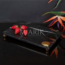Miarik Design Dekoratif Sıyah Mermer Aksesuar Detaylı Dikdörtgen Sunum Tepsısı Servis Tabağı Tepsi