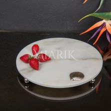 Miarik Design Dekoratıf Beyaz Mermer Yuvarlak Sunum Tabağı Tepsisi Aksesuarlı ve Top Ayaklı