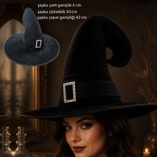 Pandoli Halloween Siyah Renk Kadife Cadı Şapkası Yetişkin Siyah Şeritli 1 Adet