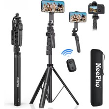 CoverZone 2 Metre Tripod Selfie Çubuğu Bluetooth Kumandalı 360° Dönebilen Telefon Kamera Standı Cold Shoe Mikrofon Işık Destekli Katlanabilir Vlog Canlı Yayın Tripodu | Np-Z5