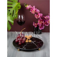 Miarik Design Dekoratıf Sıyah Mermer Yuvarlak Sunum Tabağı Tepsisi Gold Top Ayaklı
