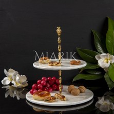 Miarik Design Dekoratif 2 Katlı Sunumluk Doğal Beyaz Mermer Kurabiyelik & Pastalık