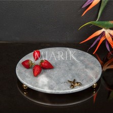 Miarik Design Dekoratıf Grı Mermer Yuvarlak Sunum Tabağı Tepsisi Aksesuarlı ve Top Ayaklı