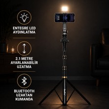 CoverZone 2.1m Çok Fonksiyonlu Canlı Yayın Tripodu, LED Işıklı Telefon Tutucu, Bluetooth Uzaktan Kumandalı, Ayarlanabilir Teleskopik Selfie Çubuğu ve Stabil Tripod | NP-Z6S