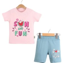 Bambu Kids Kız Çocuk Baskılı Şortlu 2'li Yazlık Takım Pamuklu Tişört Şort Set