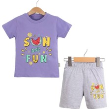 Bambu Kids Kız Çocuk Baskılı Şortlu 2'li Yazlık Takım Pamuklu Tişört Şort Set