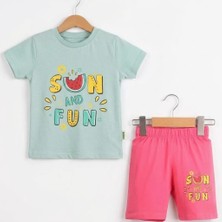Bambu Kids Kız Çocuk Baskılı Şortlu 2'li Yazlık Takım Pamuklu Tişört Şort Set