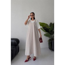 Neşeli Butik Kadın Bej Salaş Kesim Yazlık Jile Elbise Tişört Takım NBG131