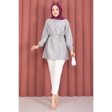TKM Çizgili Bağcık Detaylı Gömlek Tunik Siyah