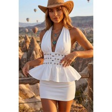 Neşeli Butik Kadın Beyaz Halter Yaka Taş Detaylı Mini Boy Dalgış Kumaş Peplum Elbise NBDF265