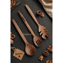 Montesev Doğal Ceviz Ağacı Ahşap Tahta Kaşık Spatula Kevgir Çatal Seti Ağaç Kaşık (3 lü Set)
