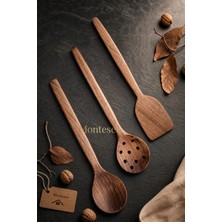 Montesev Doğal Ceviz Ağacı Ahşap Tahta Kaşık Spatula Kevgir Çatal Seti Ağaç Kaşık (3 lü Set)