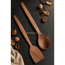 Montesev Doğal Ceviz Ağacı Ahşap Tahta Kaşık Spatula Seti Ağaç Kaşık (2li Set)