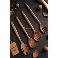 Montesev Doğal Ceviz Ağacı Ahşap Tahta Kaşık Spatula Kevgir Çatal Seti Ağaç Kaşık (4 lü Set)