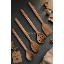 Montesev Doğal Ceviz Ağacı Ahşap Tahta Kaşık Spatula Kevgir Çatal Seti Ağaç Kaşık (4 lü Set)