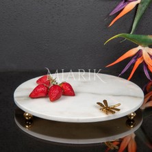 Miarik Design Dekoratıf Beyaz Mermer Yuvarlak Sunum Tabağı Tepsisi Aksesuarlı ve Top Ayaklı