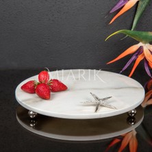 Miarik Design Dekoratıf Beyaz Mermer Yuvarlak Sunum Tabağı Tepsisi Aksesuarlı ve Top Ayaklı