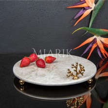 Miarik Design Dekoratıf Bej Mermer Yuvarlak Sunum Tabağı Tepsisi Aksesuarlı ve Top Ayaklı
