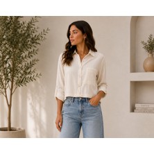 Cns Woman Studio Çizgili Keten Dokulu Crop Gömlek