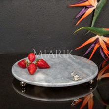 Miarik Design Dekoratıf Grı Mermer Yuvarlak Sunum Tabağı Tepsisi Aksesuarlı ve Top Ayaklı