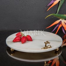 Miarik Design Dekoratıf Beyaz Mermer Yuvarlak Sunum Tabağı Tepsisi Aksesuarlı ve Top Ayaklı