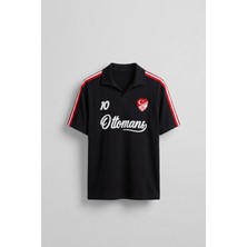 Abluka Online Erkek Oversize Ay Yıldız Detaylı Polo Yaka Forma T-Shirt Siyah