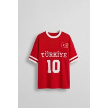 Abluka Online Unisex Oversize Premium Ay Yıldız Triko Forma T-Shirt Kırmızı