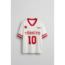 Abluka Online Unisex Oversize Premium Ay Yıldız Triko Forma T-Shirt Ekru