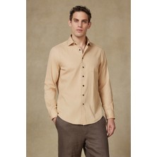 Abbate Santo Twill Pamuklu Comfort Fit Koyu Bej Düğmeli Yaka Erkek Düz Gömlek