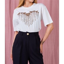 Zy Plus Ekru Kalpli Leopar Desenli Yuvarlak Yaka Kısa Kollu Pamuklu T-Shirt