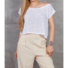 Zy Plus Beyaz Kendinden Desenli Salaş Crop T-Shirt