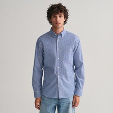Gant Erkek Mavi Regular Fit Düğmeli Yaka Çizgili Poplin Gömlek