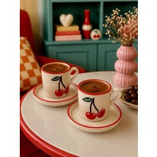 2'li Kiraz Desenli Kahve Fincanı Seti 4 Parça | Atiye Studio | Espresso Türk Kahvesi Fincanı Hediyelik