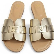 Ne&Ve Shoes Altın Deri Gold Aksesuarlı Kadın Günlük Rahat ve Şık Sandalet