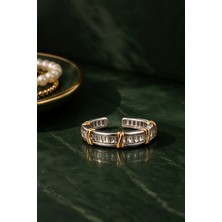 Haki Store Ayarlanabilir Baget Taşlı Çelik Yüzük – Gold Silver Detaylı Premium Tasarım