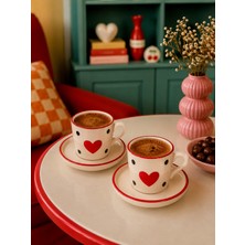2'li Kalp Desenli Kahve Fincanı Seti 4 Parça | Atiye Studio | Çift Hediyesi Espresso Türk Kahvesi
