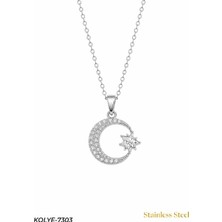 Zirkon Taşlı Hilal ve Yıldız Çelik Kolye Silver