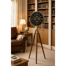 Mars Concept Tripod Ayaklı Hareketli Çark Mekanizmalı Yer Saati │ Gold Metal Gövde Siyah Kadran Ahşap Ayaklı Salon Saati 169CM