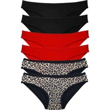 Dyzstar 6 Adet Özel Set Likralı Yumuşak Dokulu Kadın Slip Külot Leopar Siyah Kırmızı